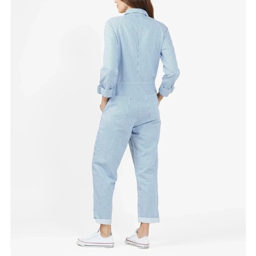 OUTERKNOWN Station Jumpsuit Women Small Blue Railroad Striped Utility Coveralls